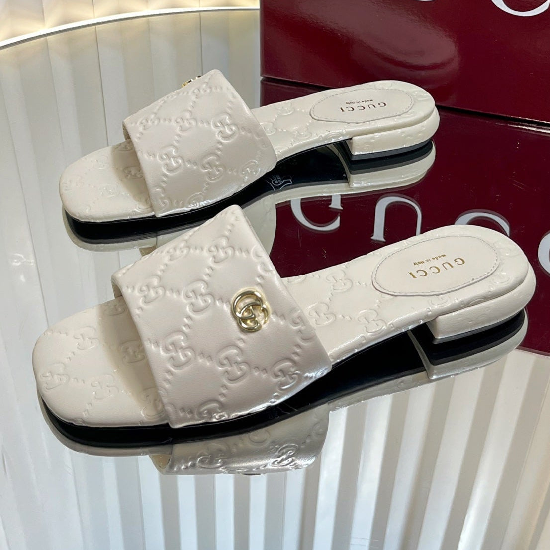Gucci 2026 Flat Slide Sandals Embossed GG Monogram Leather 768074