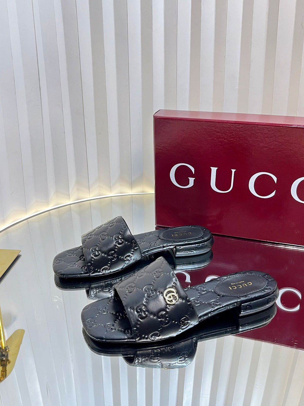 Gucci 2026 Flat Slide Sandals Embossed GG Monogram Leather 768074