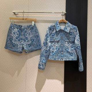 CD Butterfly Print Denim Set Blue White Cotton