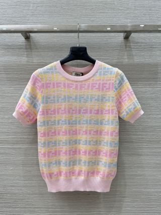 Fendi 25 Knitted Short-sleeved Top Green Pink Wool Cotton
