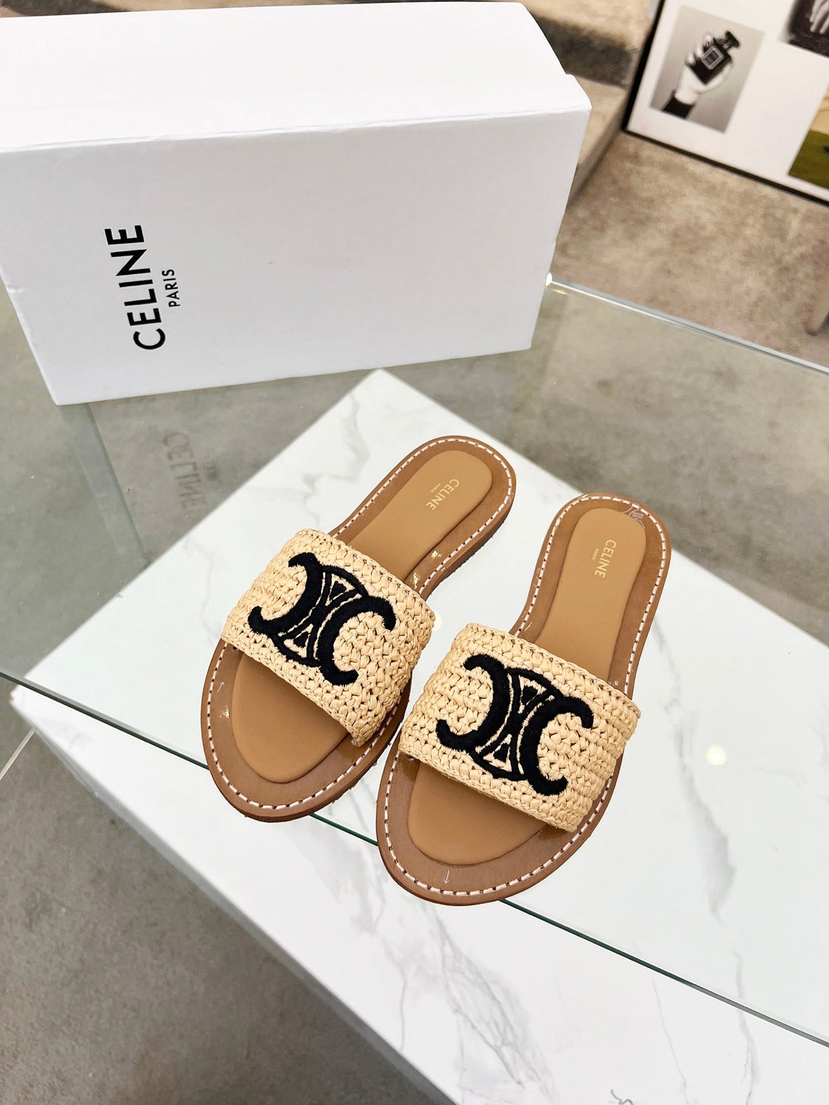 Celine 26 Triomphe Slide Sandals Woven Leather 668289
