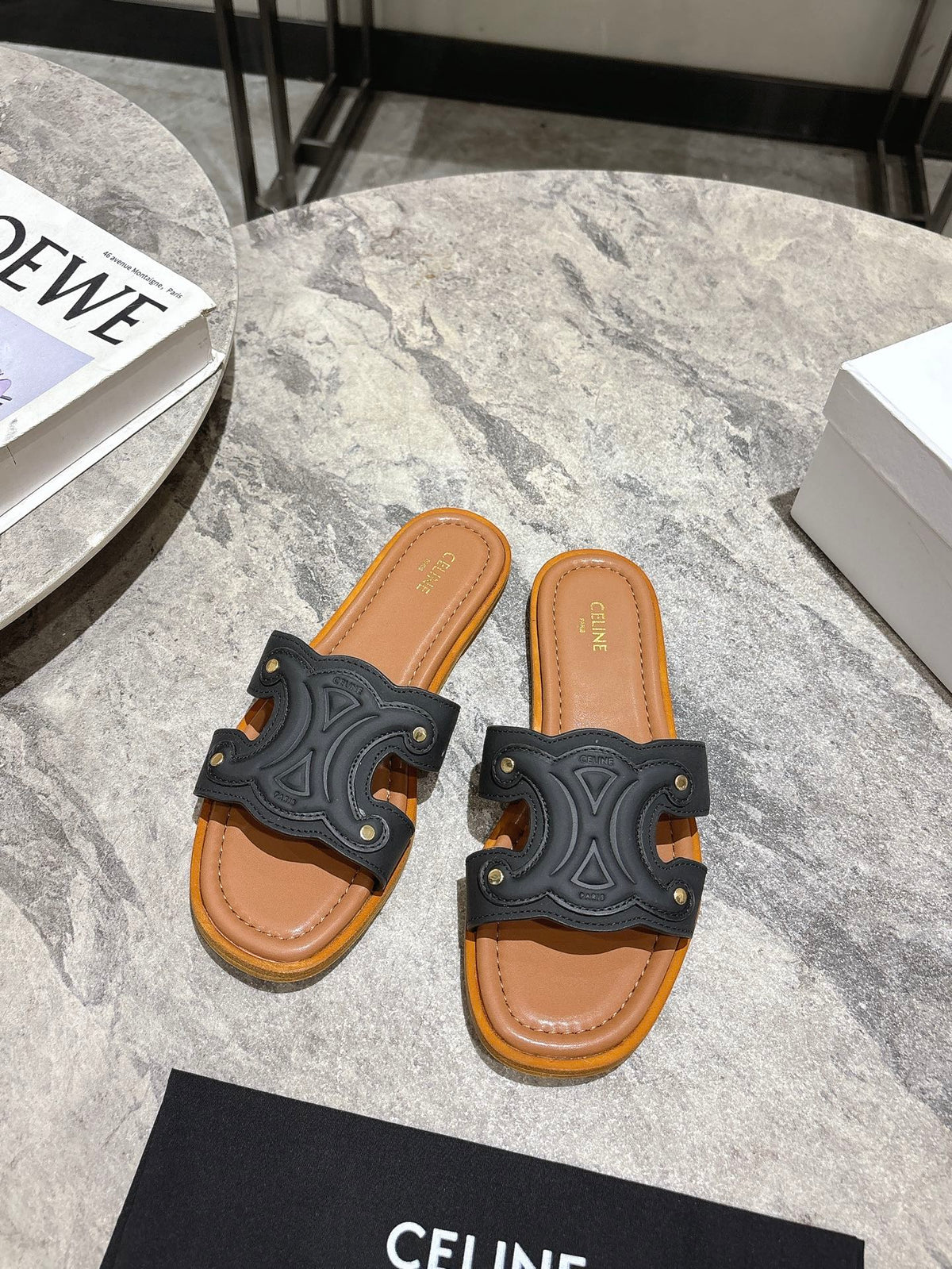Celine 26  Triomphe Slide Sandals Leather 773953