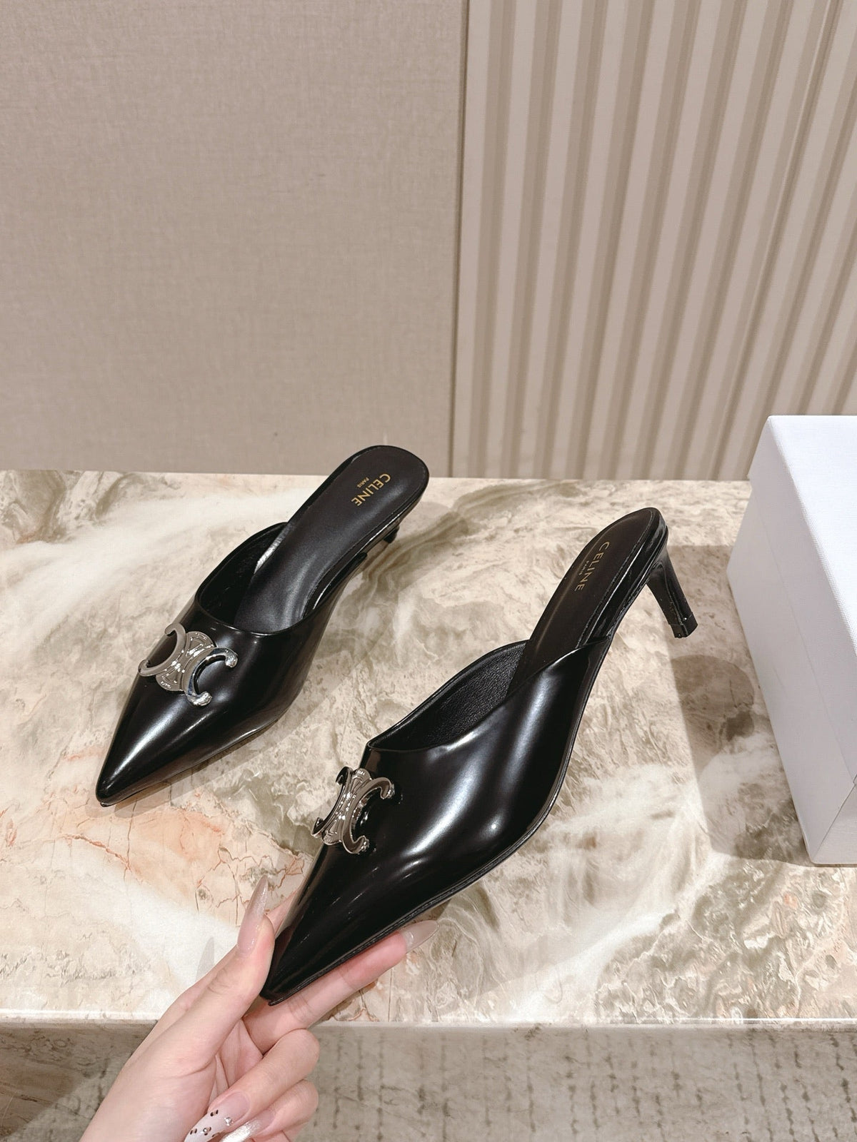 Celine 2026 Pointed-Toe Mule Canvas Leather 654865