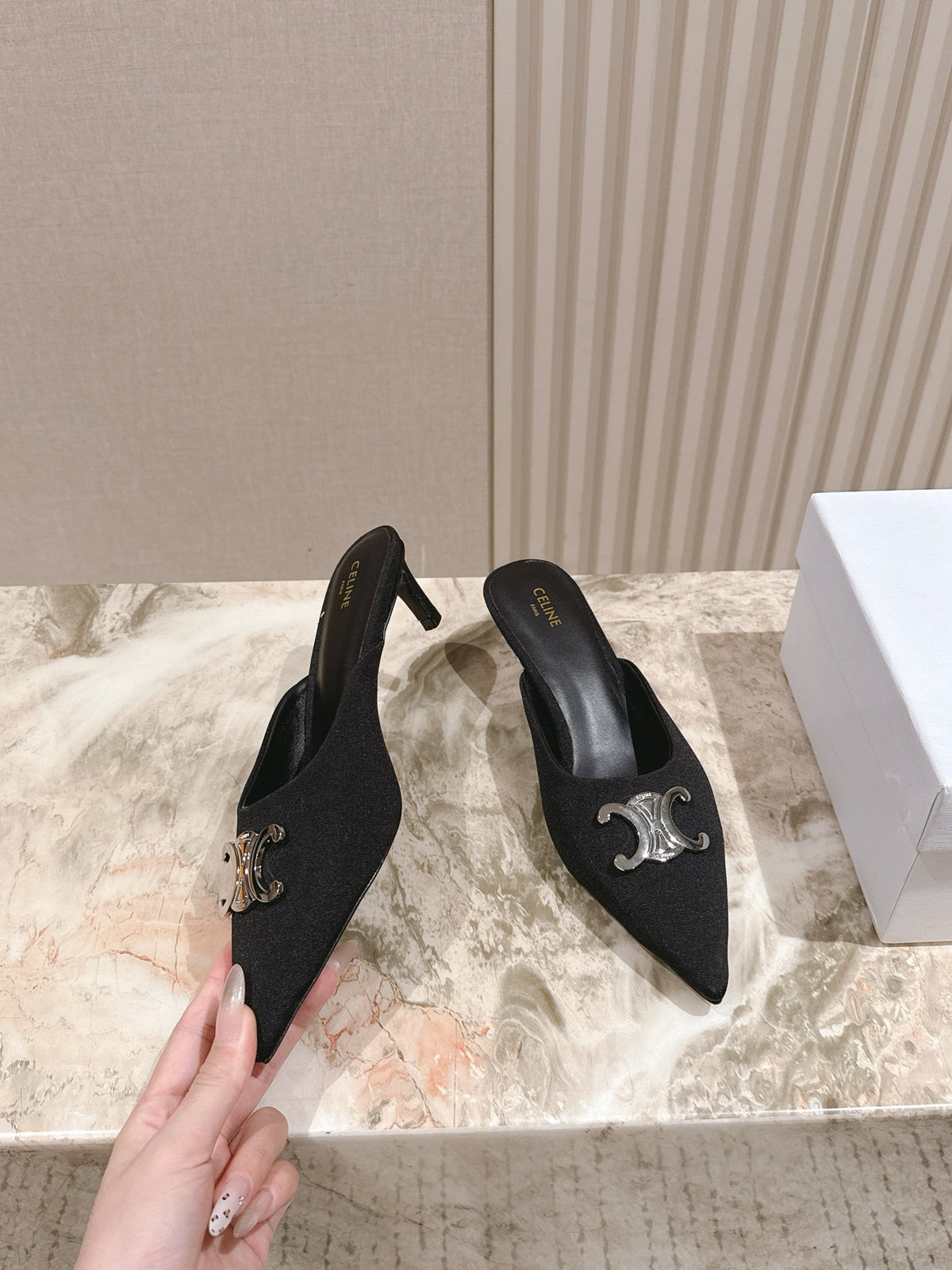 Celine 2026 Pointed-Toe Mule Canvas Leather 654865