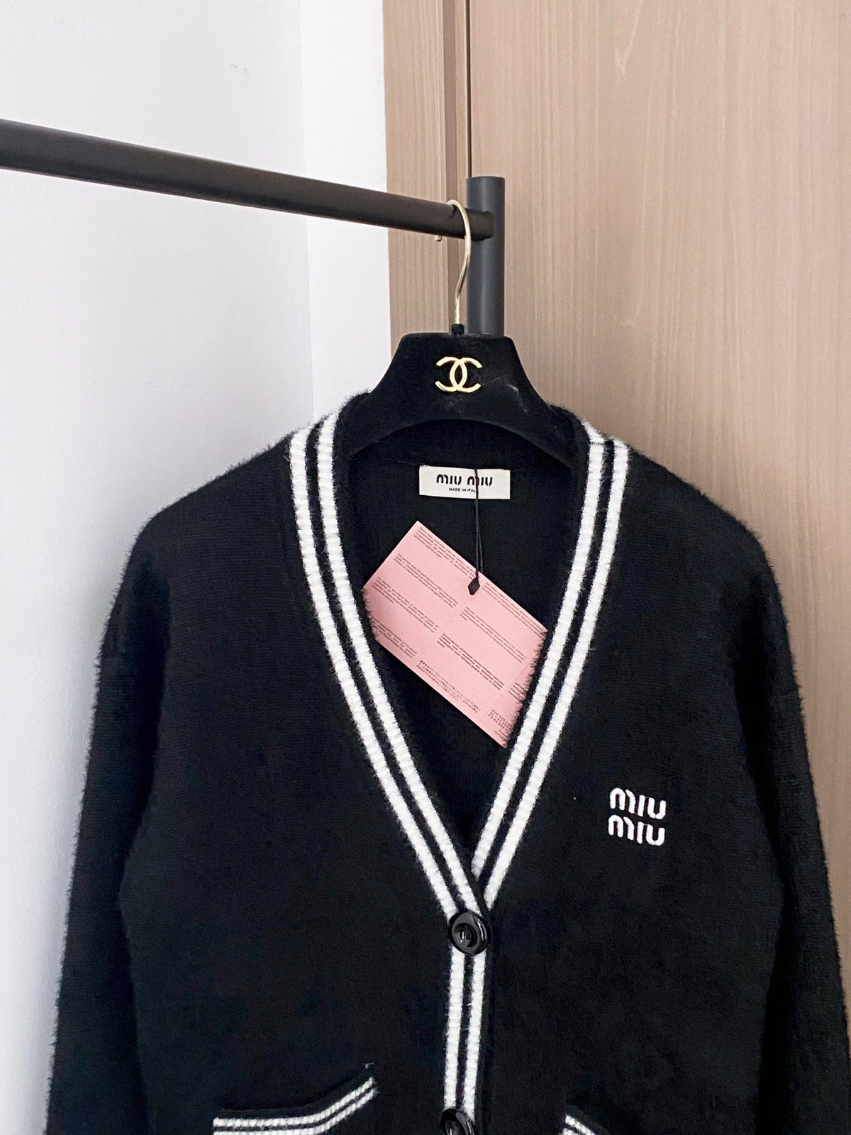 Miumiu 2025 Two-Tone Cardigan Black and White Wool