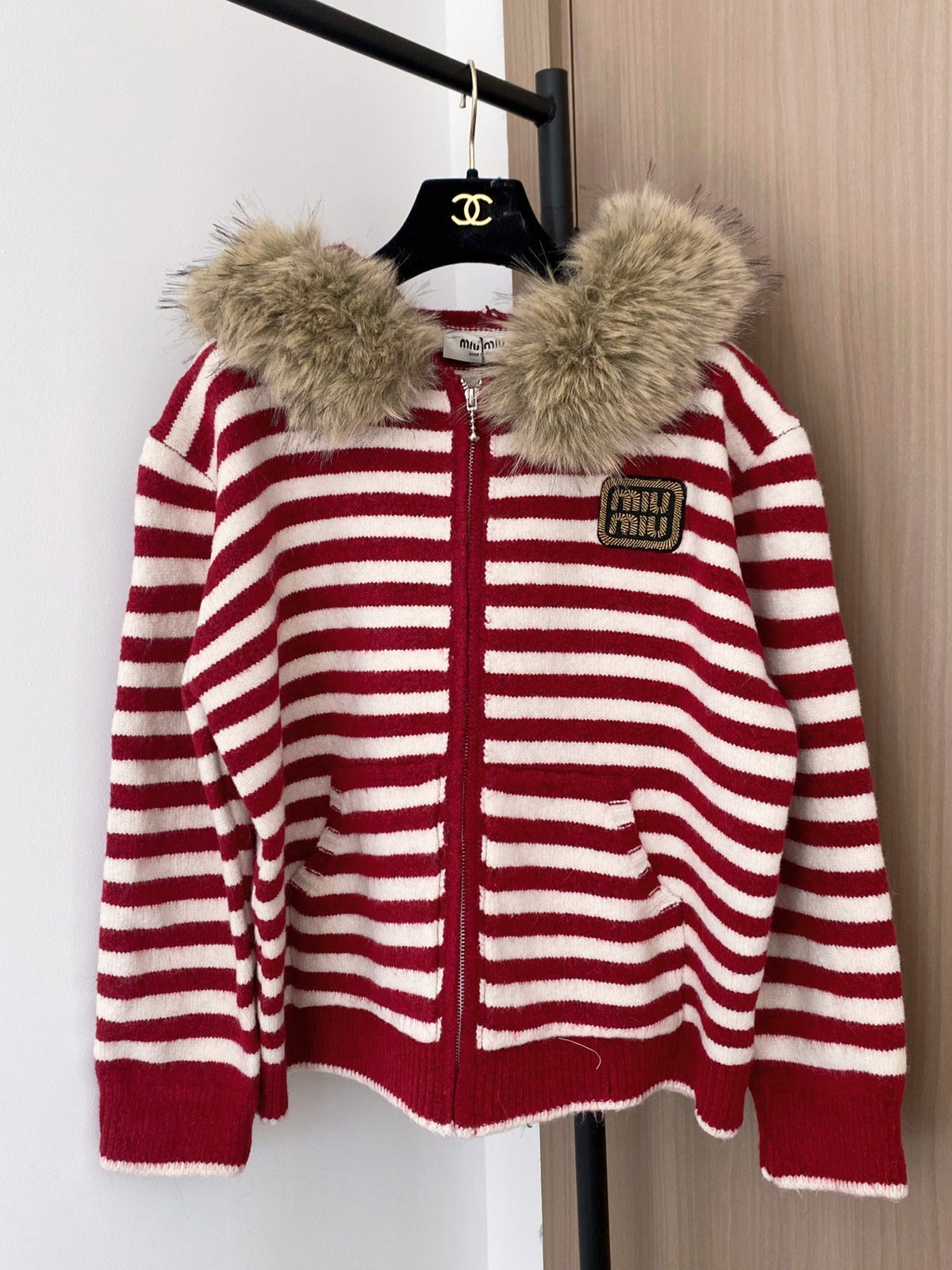 Miumiu 2025 Fur Hoodie Stripe Jacket Wool