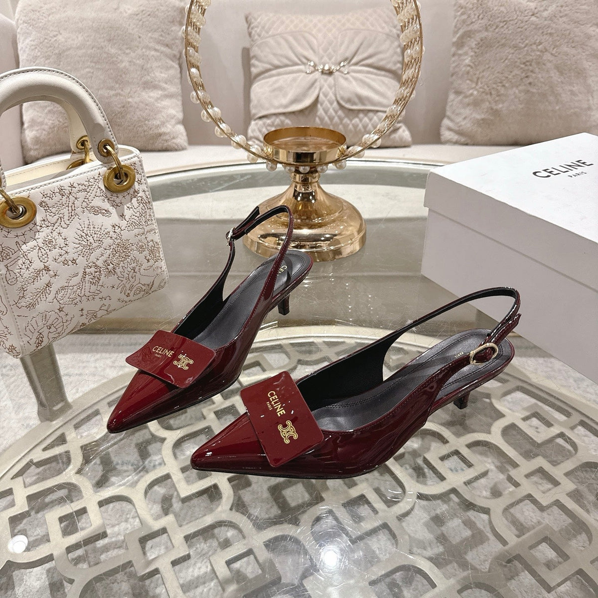 Celine 2026 Pointed-Toe Slingback Glossy Leather 890705