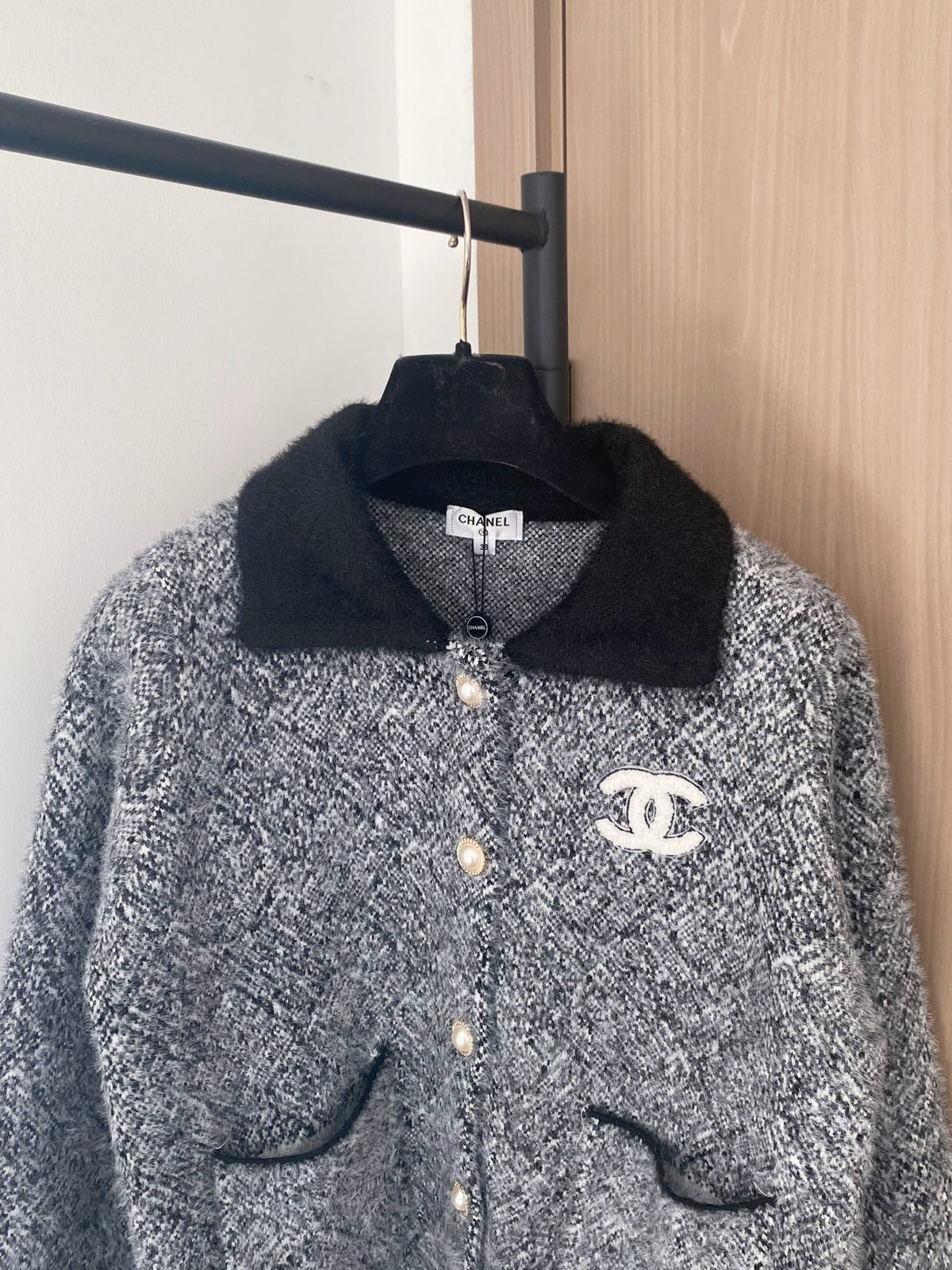 Chanel 2025 Two-tone Cardigan Beige and Gray Polyester Wool