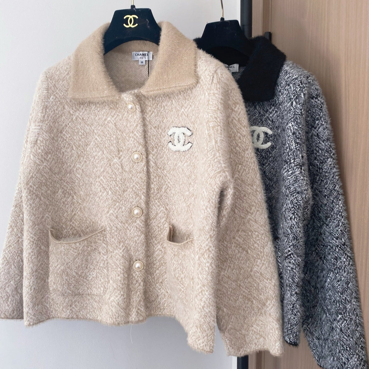 Chanel 2025 Two-tone Cardigan Beige and Gray Polyester Wool