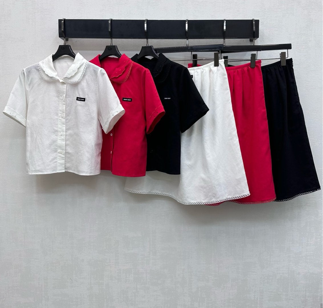 Miumiu 2026  Lace-trimmed Short-Sleeve Shirt and Skirt Set Cotton