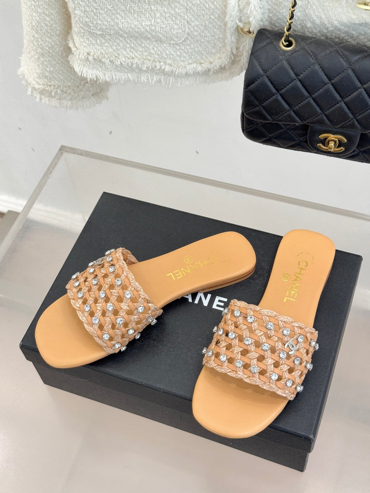 CC 2026 Flat Sandals Woven Sheepskin Rhinestones