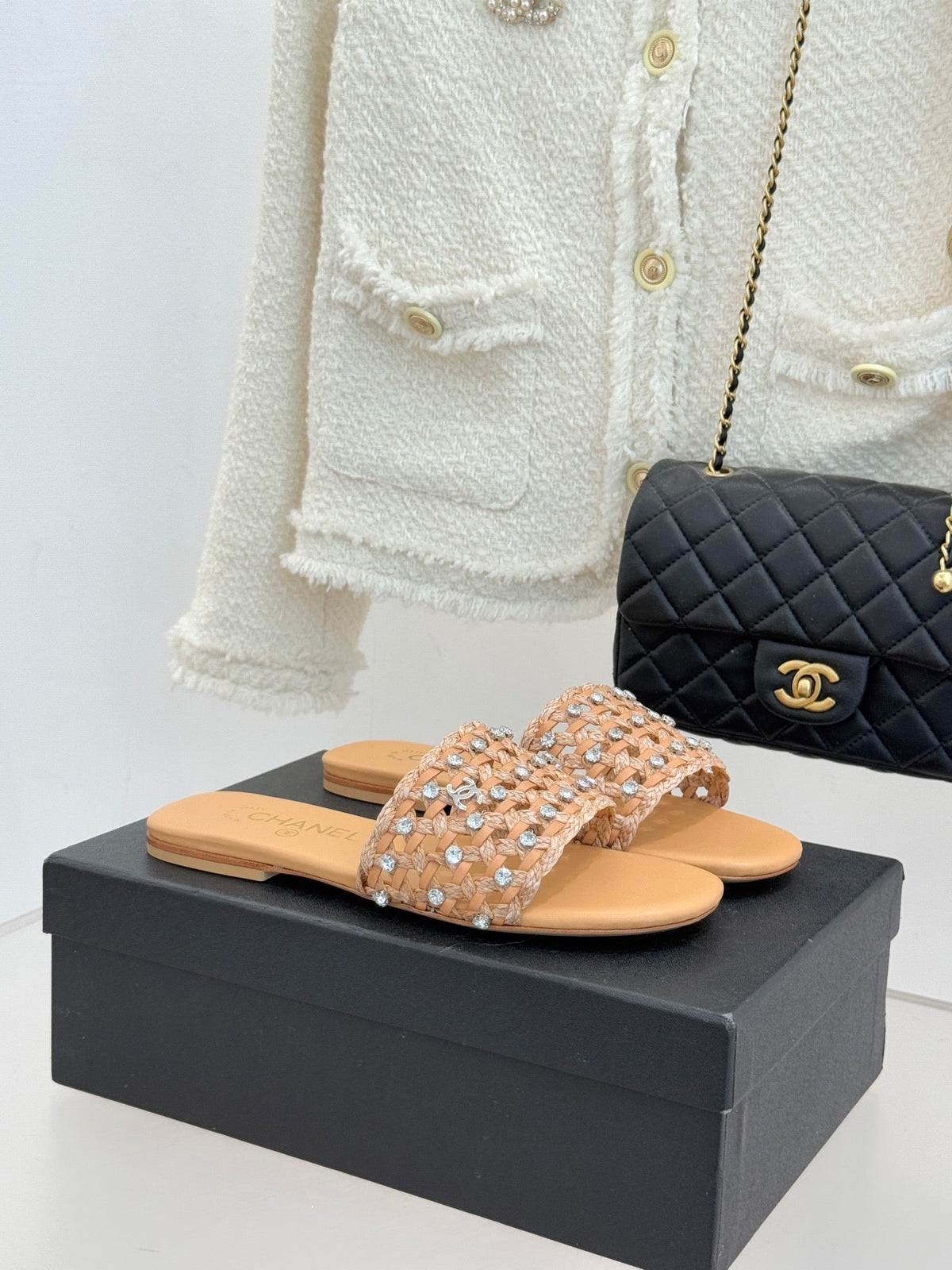 CC 2026 Flat Sandals Woven Sheepskin Rhinestones