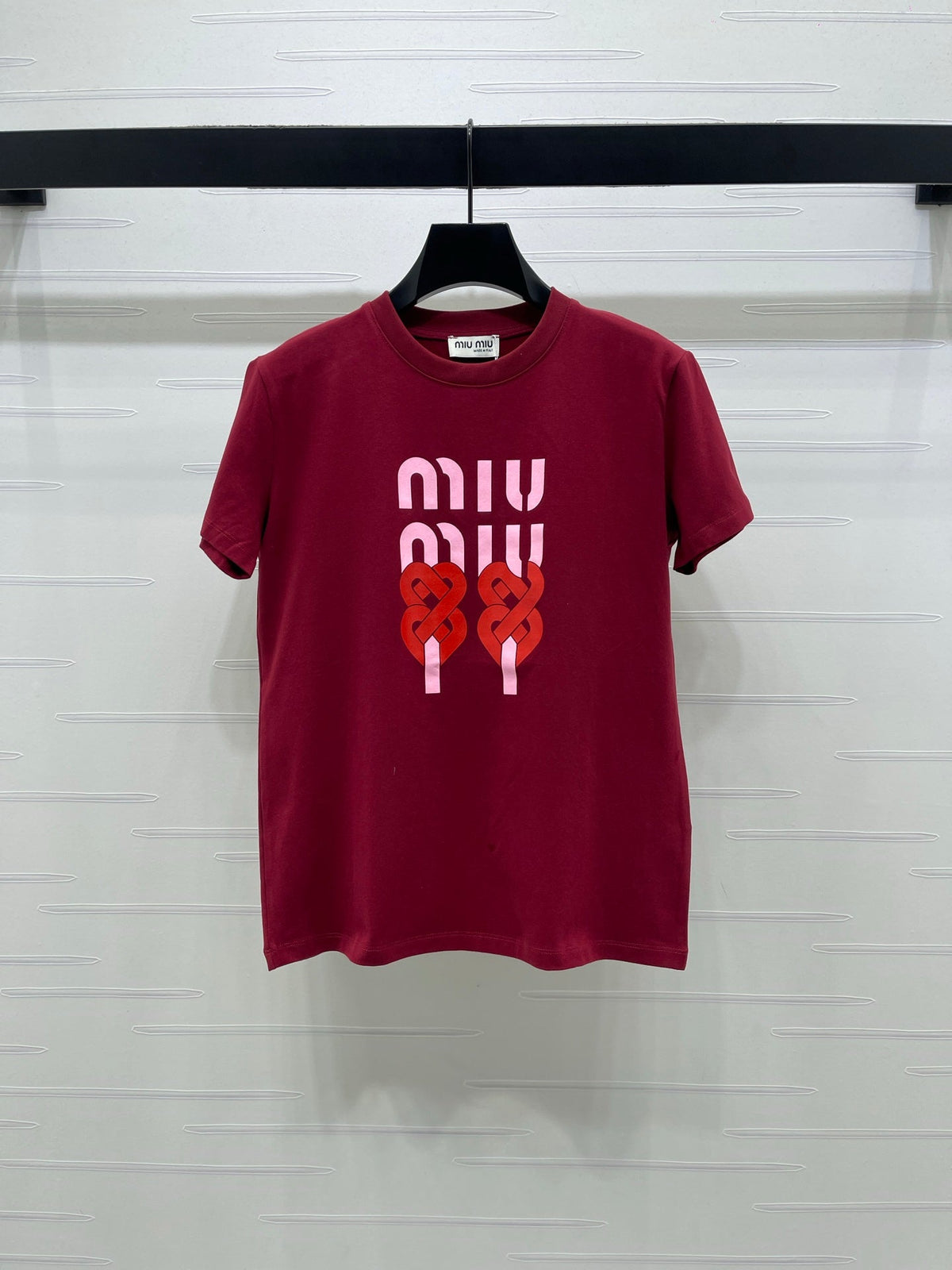 Miumiu 2026 Letter Crew Neck Short-sleeved T-shirt Red and White Cotton