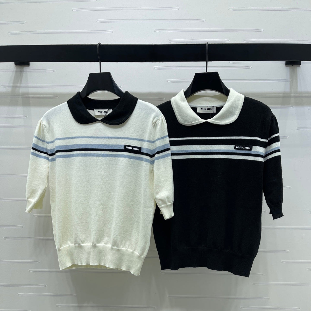 Miumiu 2026 Pan Collar Knit Short-sleeved Top Cream and Black Tencel 352458