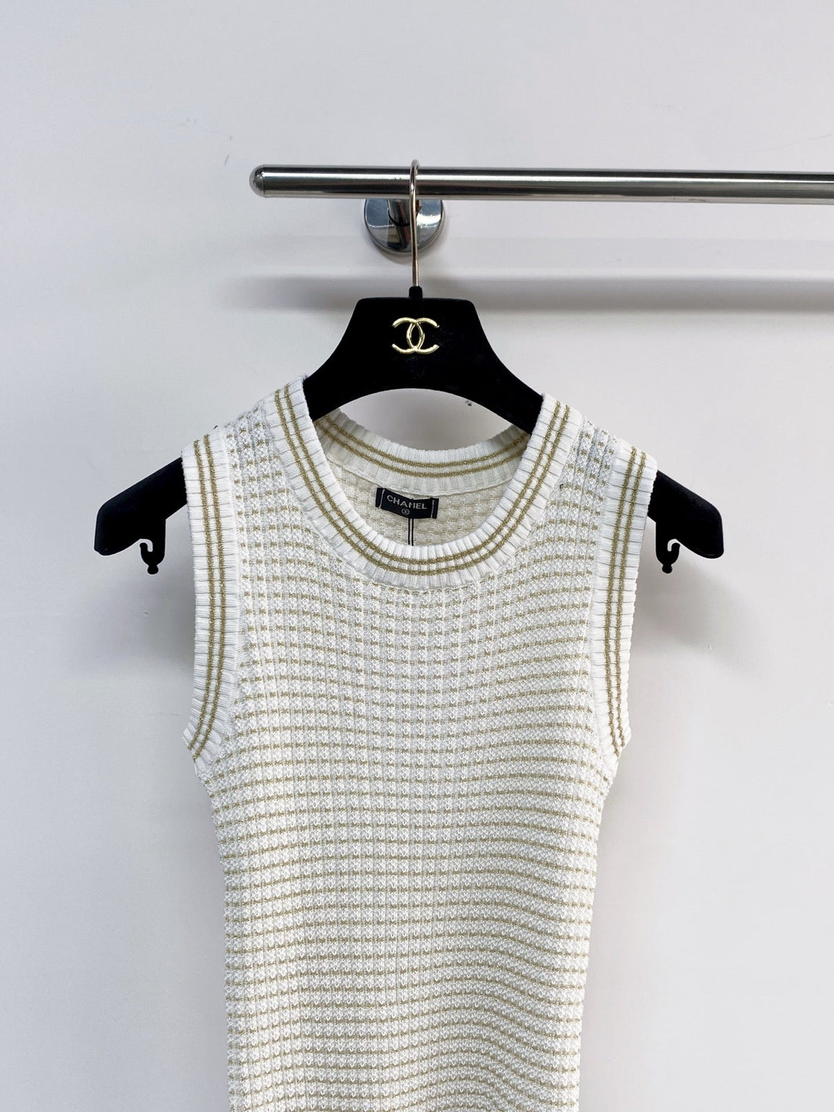 Chanel 2026 Knit Vest Cream and Navy Blue Tencel Nylon