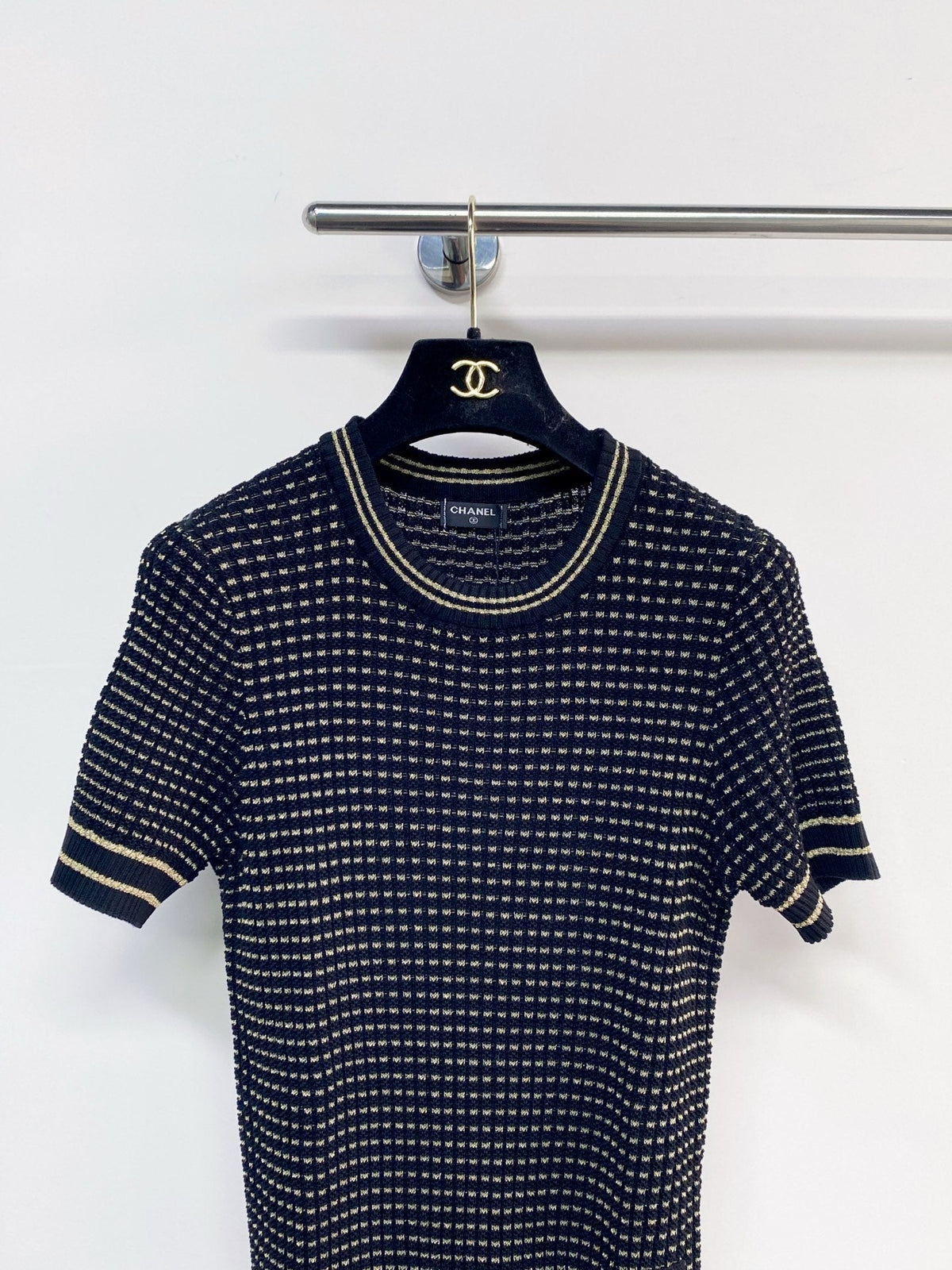 Chanel 2026  Short-Sleeve Shirt Cream and Navy Blue Tencel Nylon