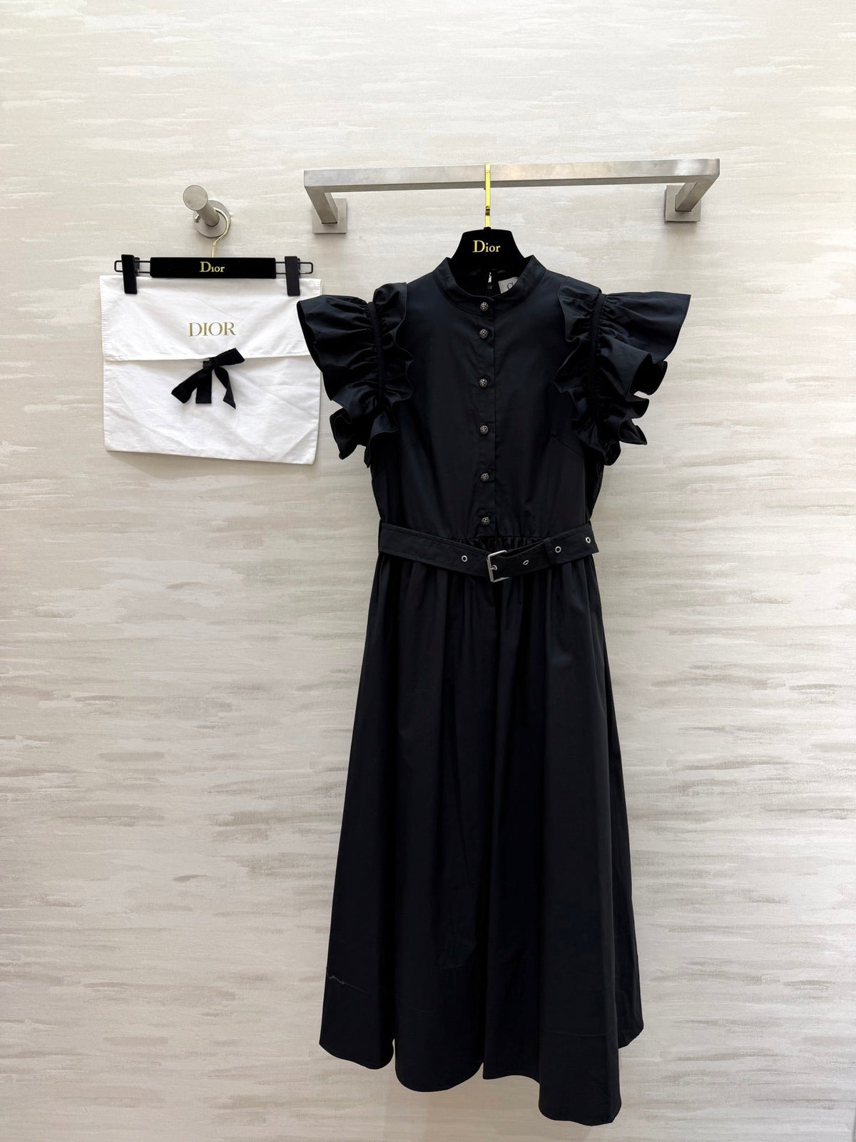 Dior 2026 Ruffled Shirt Dresses With Belt Black White Cotton 358341