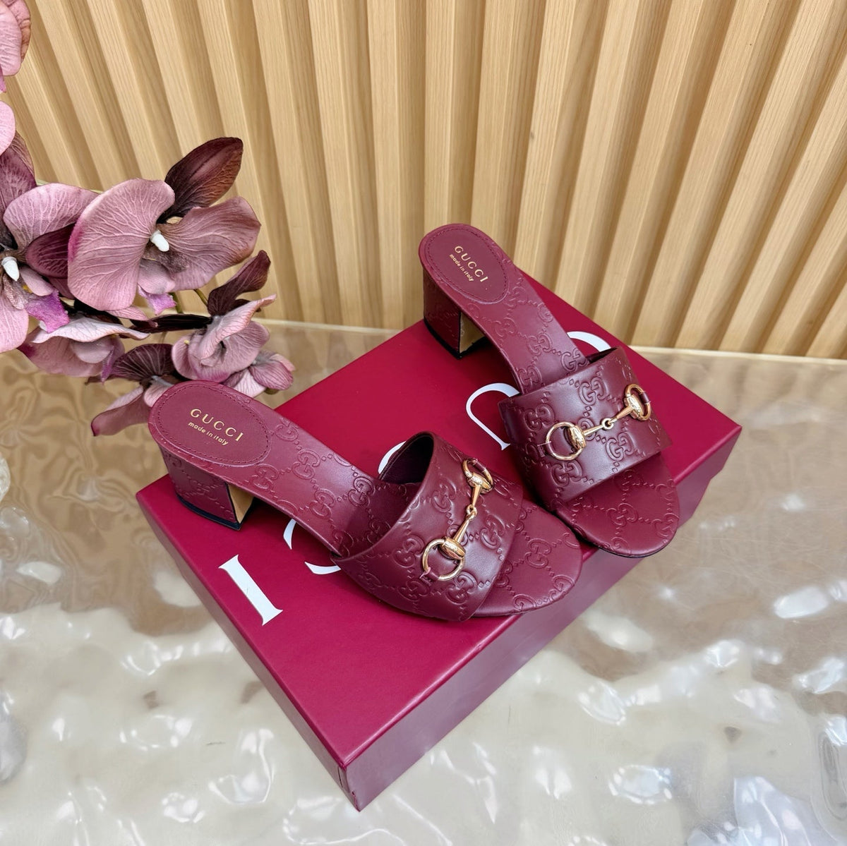 GG 26ss Chunky Heel Sandals 55 Cowhide Double G Embossed