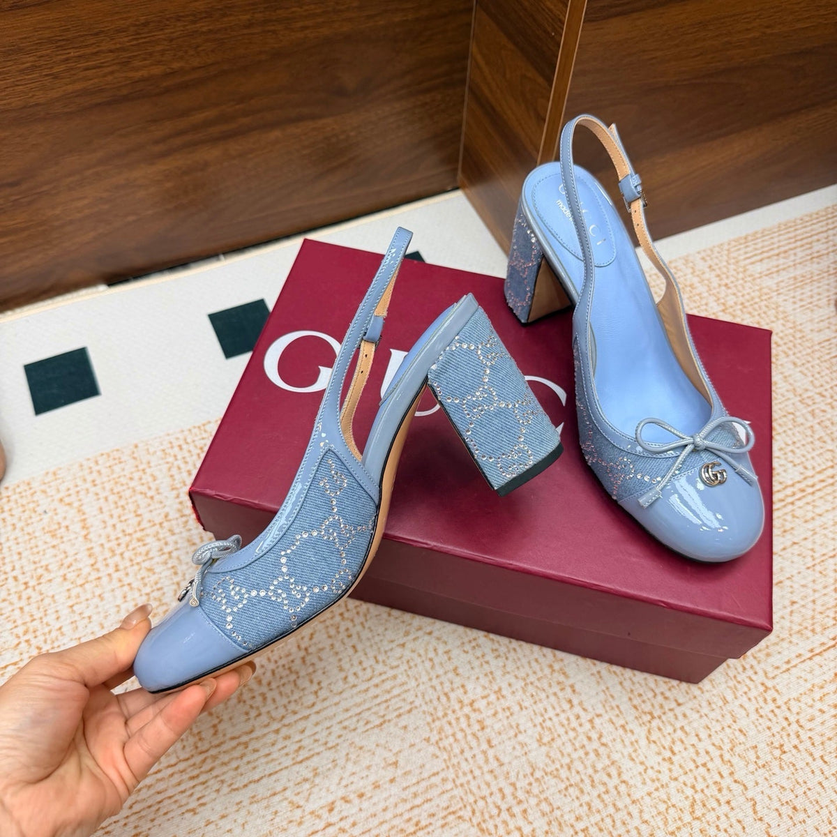 Gucci 2026 Marmont GG Slingback 80mm Denim 985640