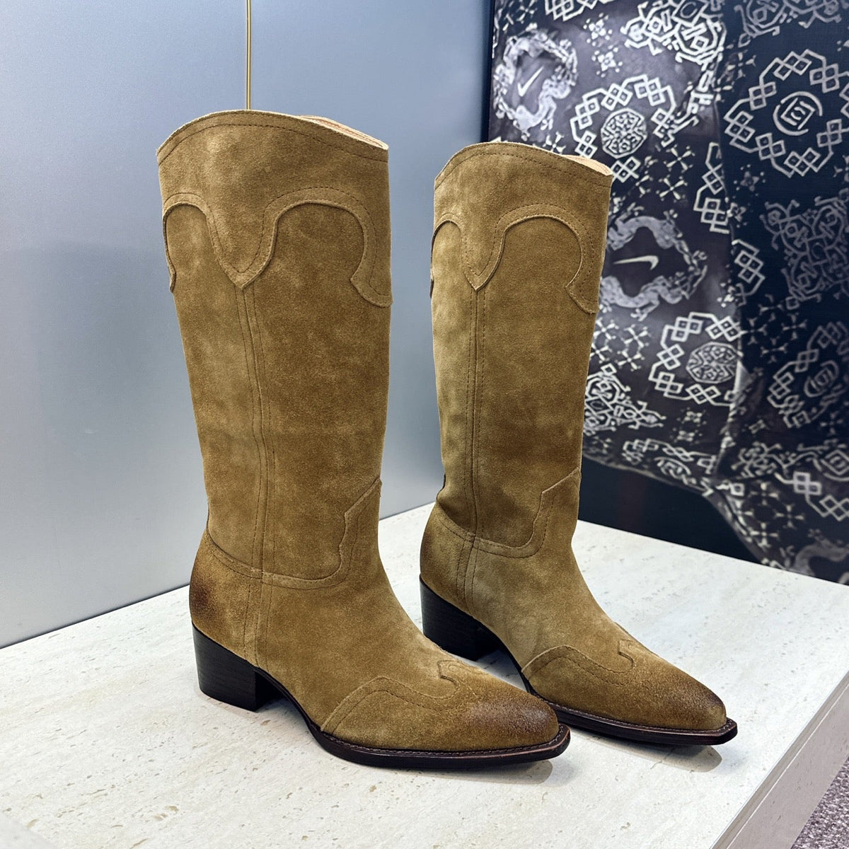 Celine 2026 Low-Heel Mid-Calf Motorcycle Boots 45mm Suede Calfskin 959451