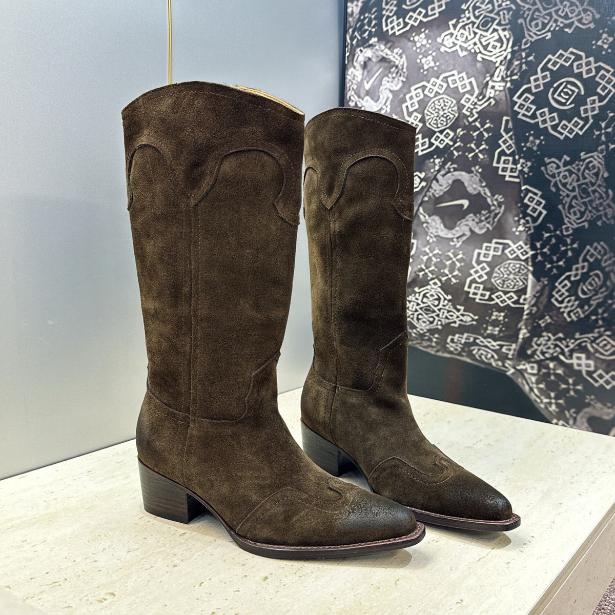 Celine 2026 Low-Heel Mid-Calf Motorcycle Boots 45mm Suede Calfskin 959451