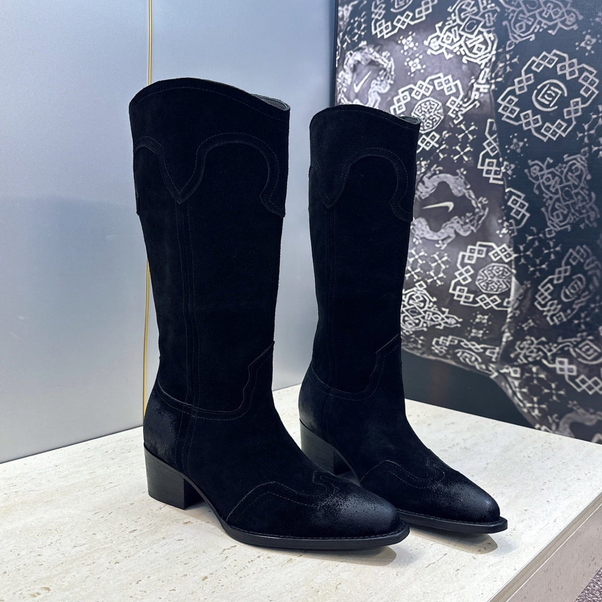 Celine 2026 Low-Heel Mid-Calf Motorcycle Boots 45mm Suede Calfskin 959451
