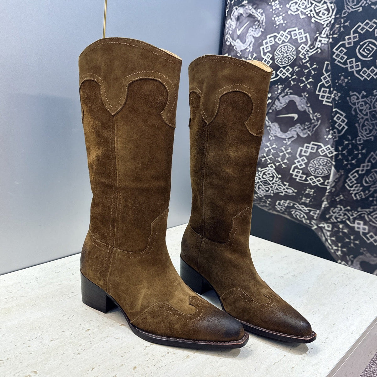 Celine 2026 Low-Heel Mid-Calf Motorcycle Boots 45mm Suede Calfskin 959451