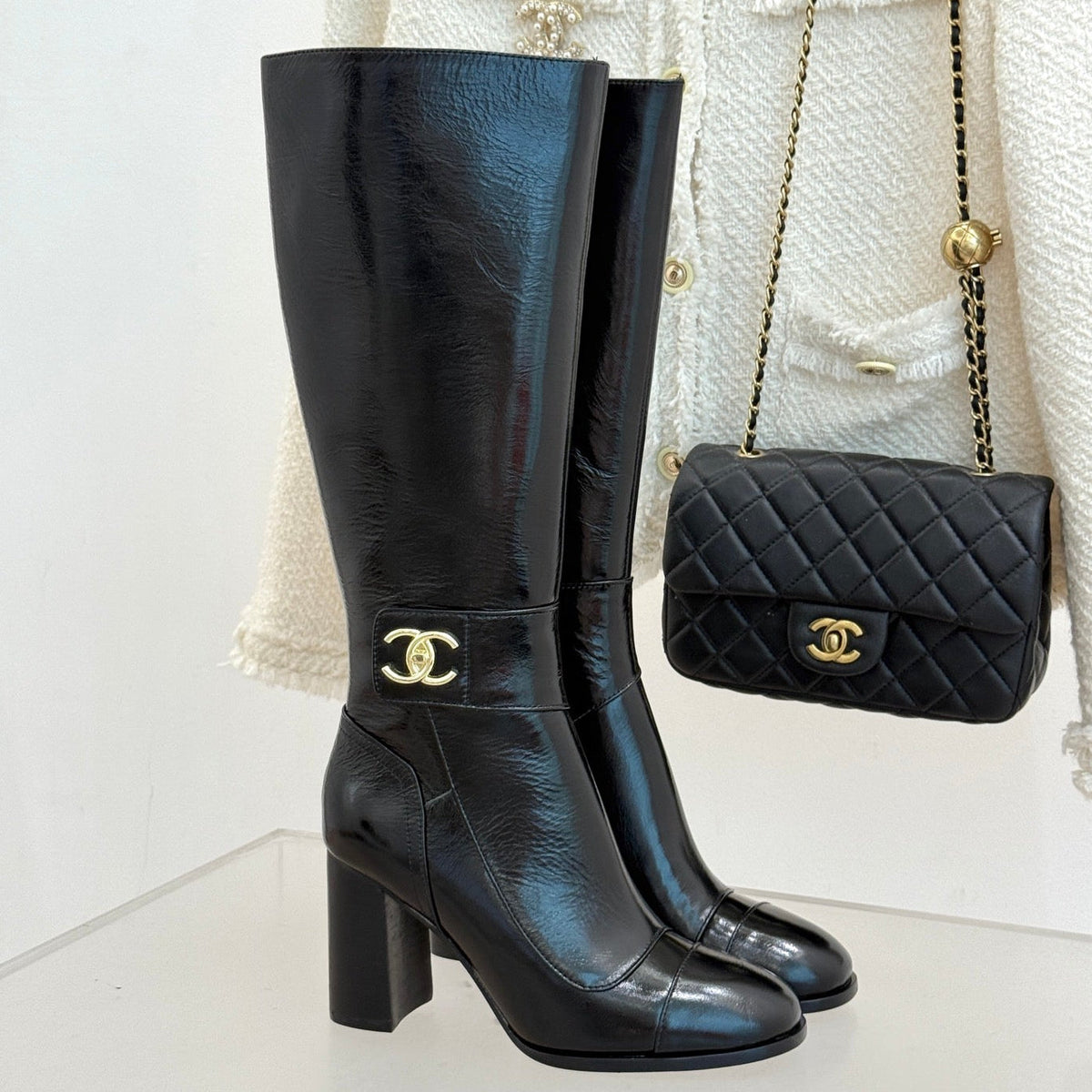 Chanel 2026 Double C Knee-High Boots 80mm Suede Leather 188646