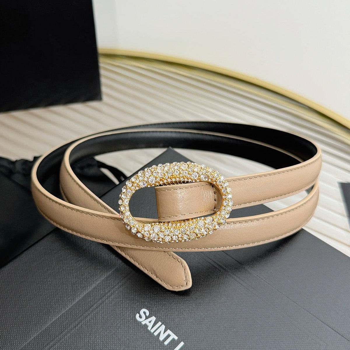 Saint Laurent 2026 Oval Belt 15mm Beige Leather 219073