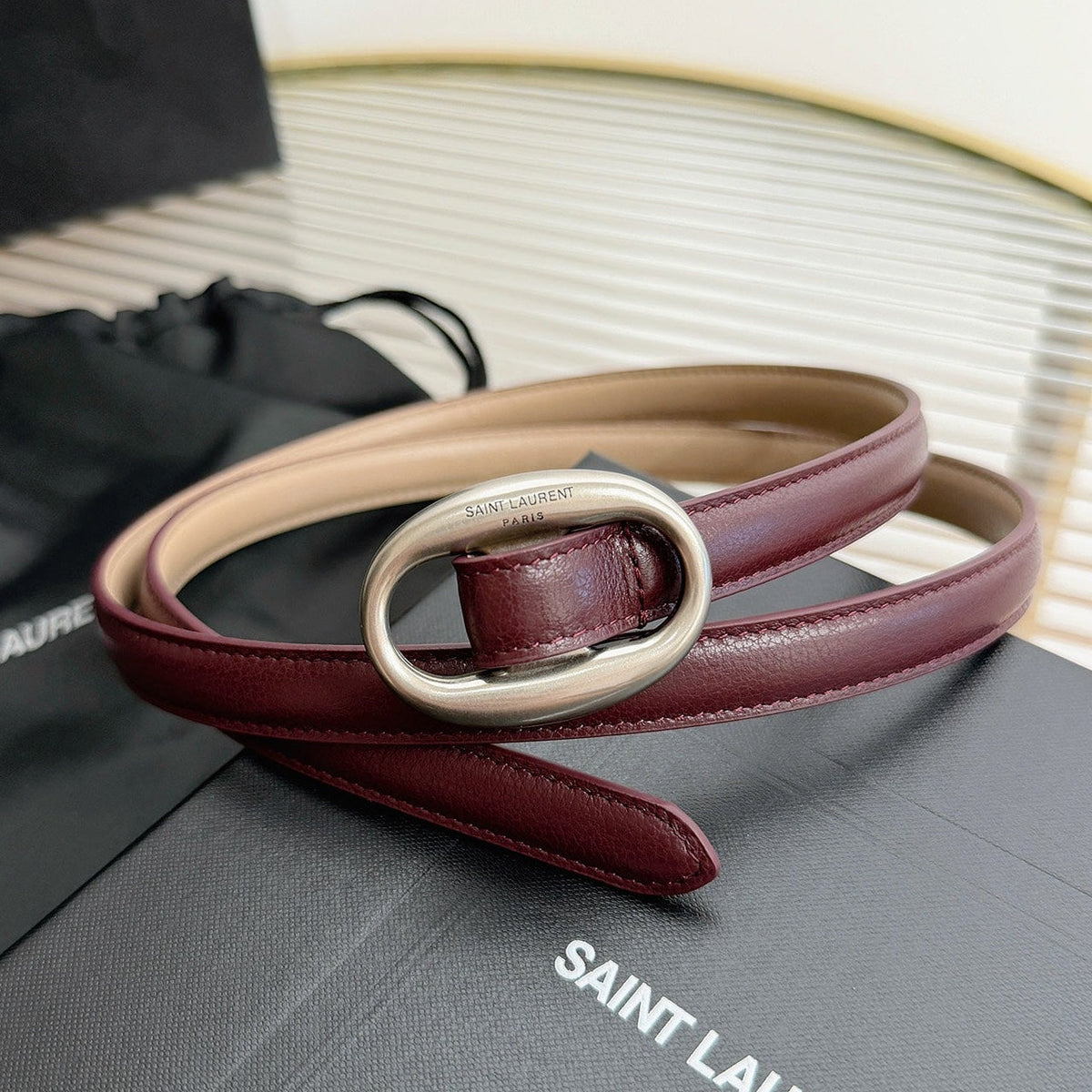 Saint Laurent 2026 Oval Belt 15mm Burgundy Leather 219084