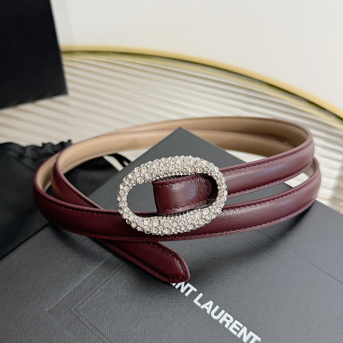 Saint Laurent 2026 Oval Belt 15mm Burgundy Leather 219084