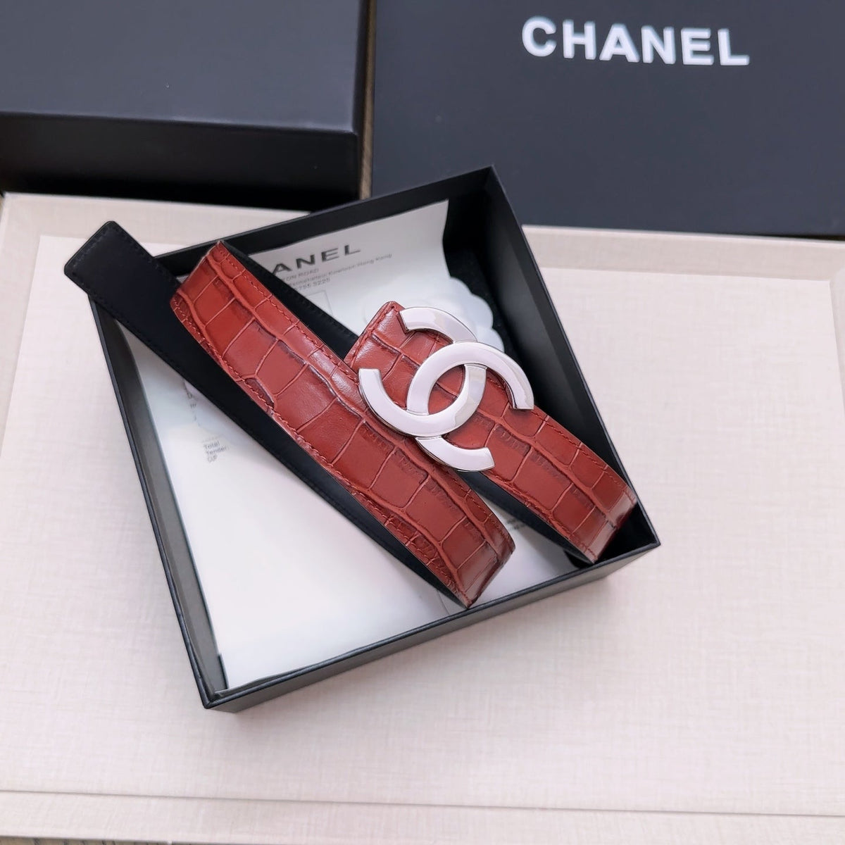 Chanel 2026 Crocodile Embossed Belt 30mm Leather 218762