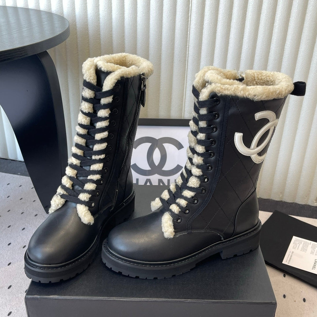 Chanel 2026 Quilted Lace Up Ankle Boots Suede Wool Leather 190006