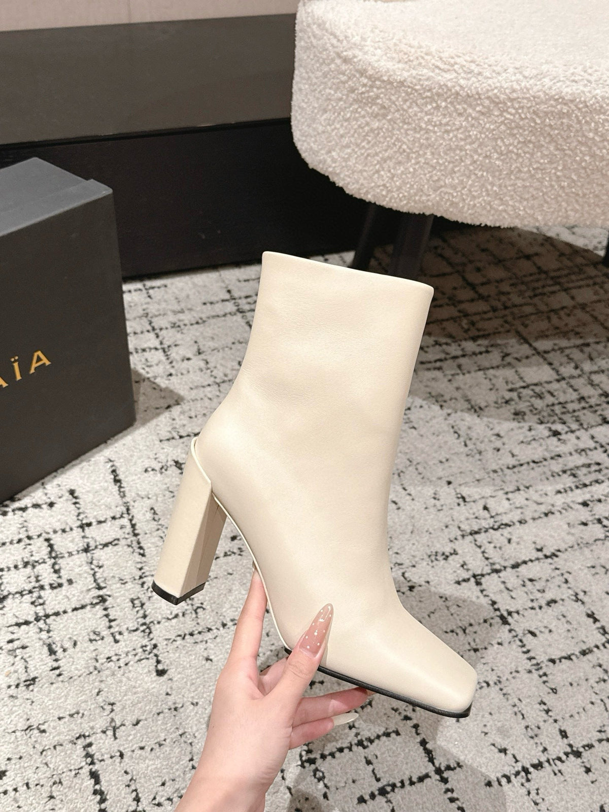 Alaia 2025 Square Toe High Heeled Ankle Boot Cream Calfskin 558664