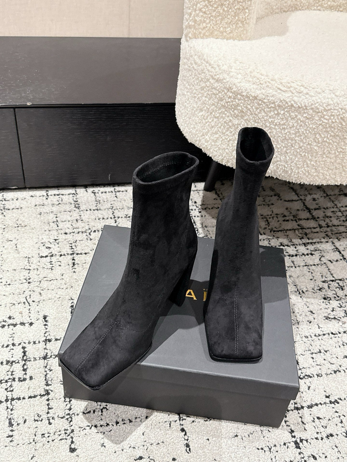 Alaia 2025 Square Toe High Heeled Ankle Boot Black Suede 558668