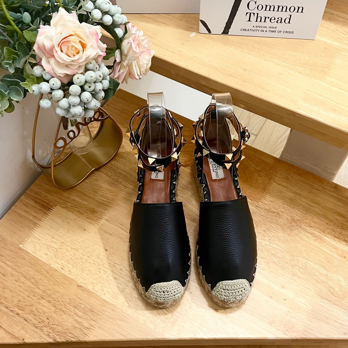 Valentino Rockstud Espadrille Sandals Black Leather 240596