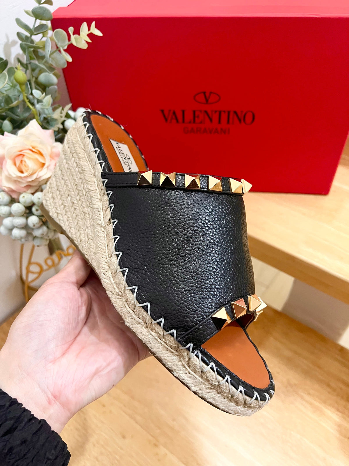 Valentino Mule Wedge Black Leather 240592