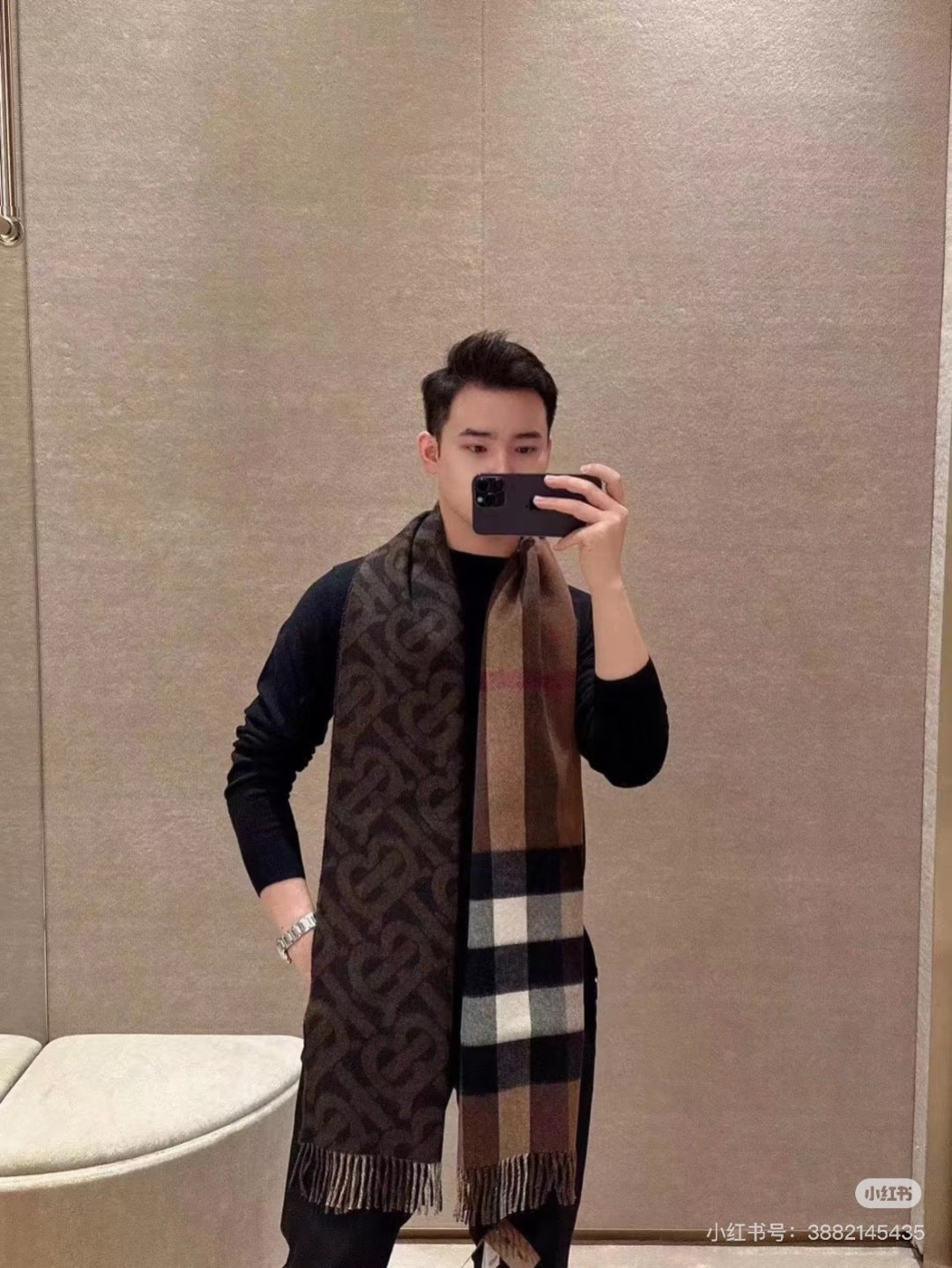 BBR Long Scarf 200CM Brown Black Cashmere 293420