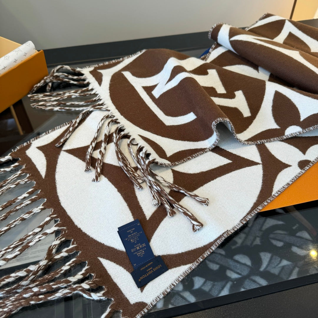 LV 25 Scarf 186cm Brown White Wool 293487