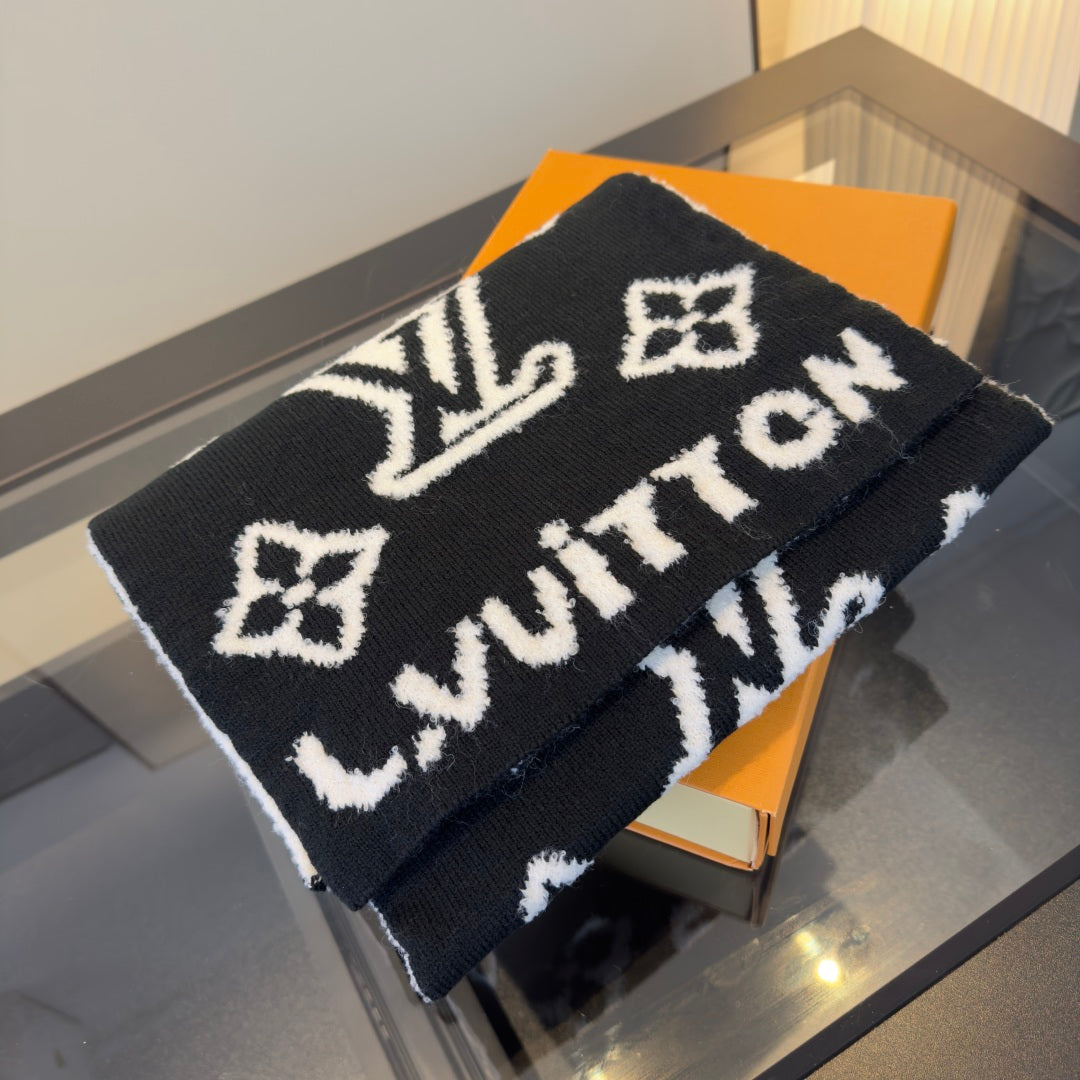 LV 25 Scarf 180cm Black White Wool 293457