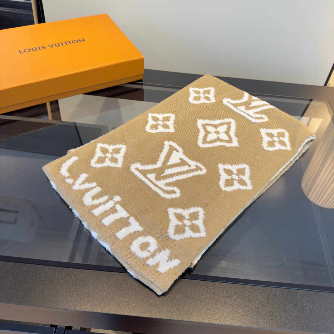 LV 25 Scarf 186cm Beige White Wool 293489