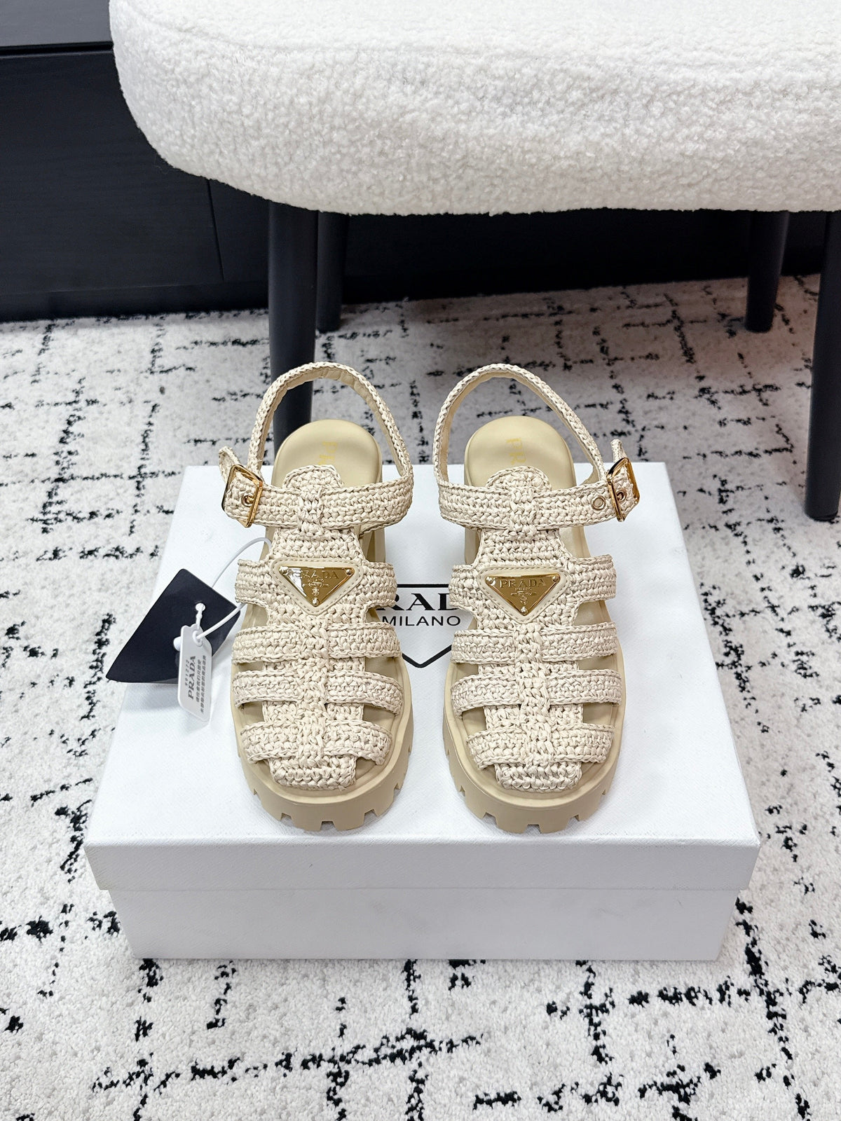 Prada 2026 Monolith Crochet Cage Sandals 90mm Sheepskin 769824