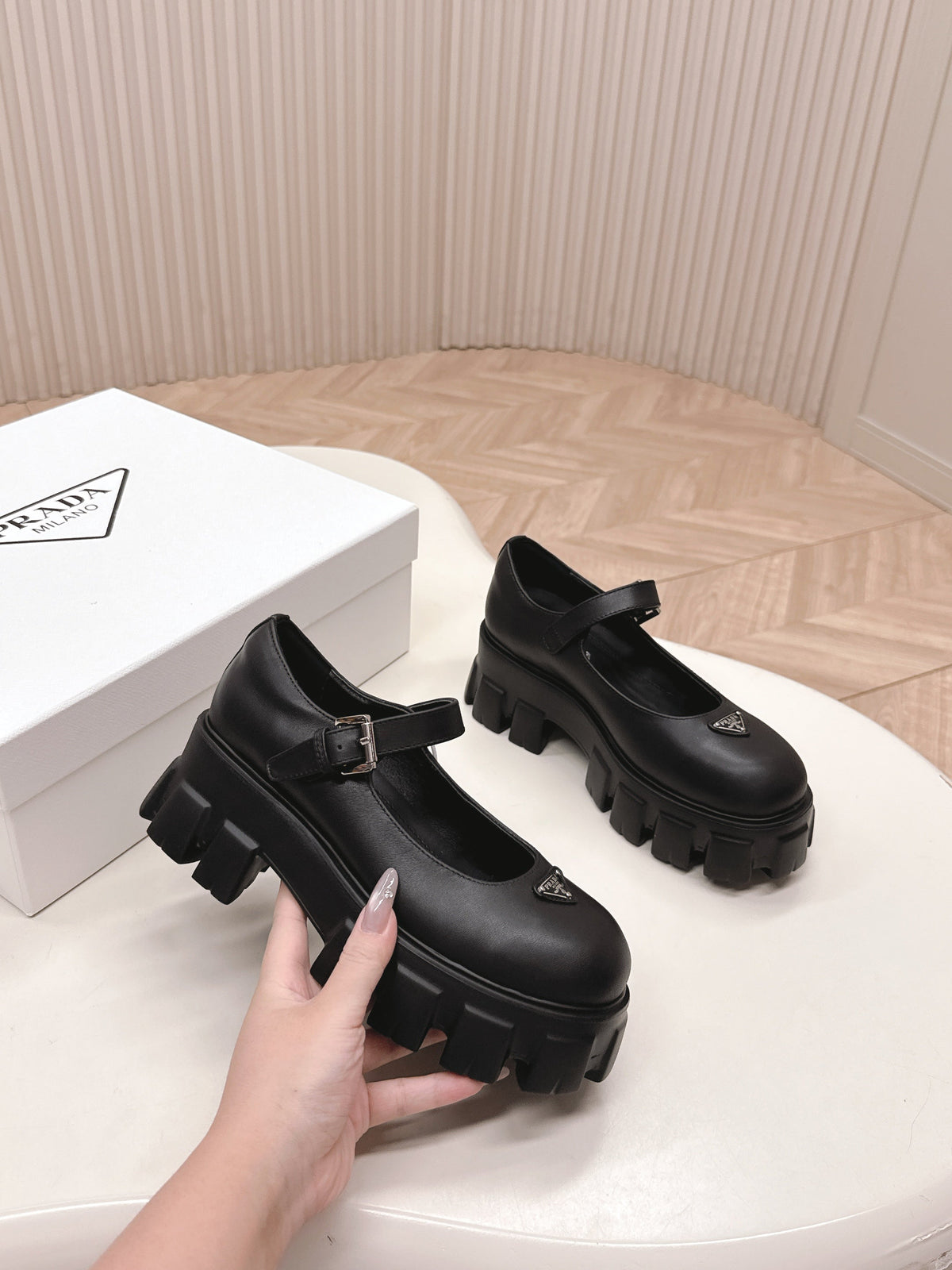 Prada Brushed Monolith Mary Janes Loafer Black Cowhide