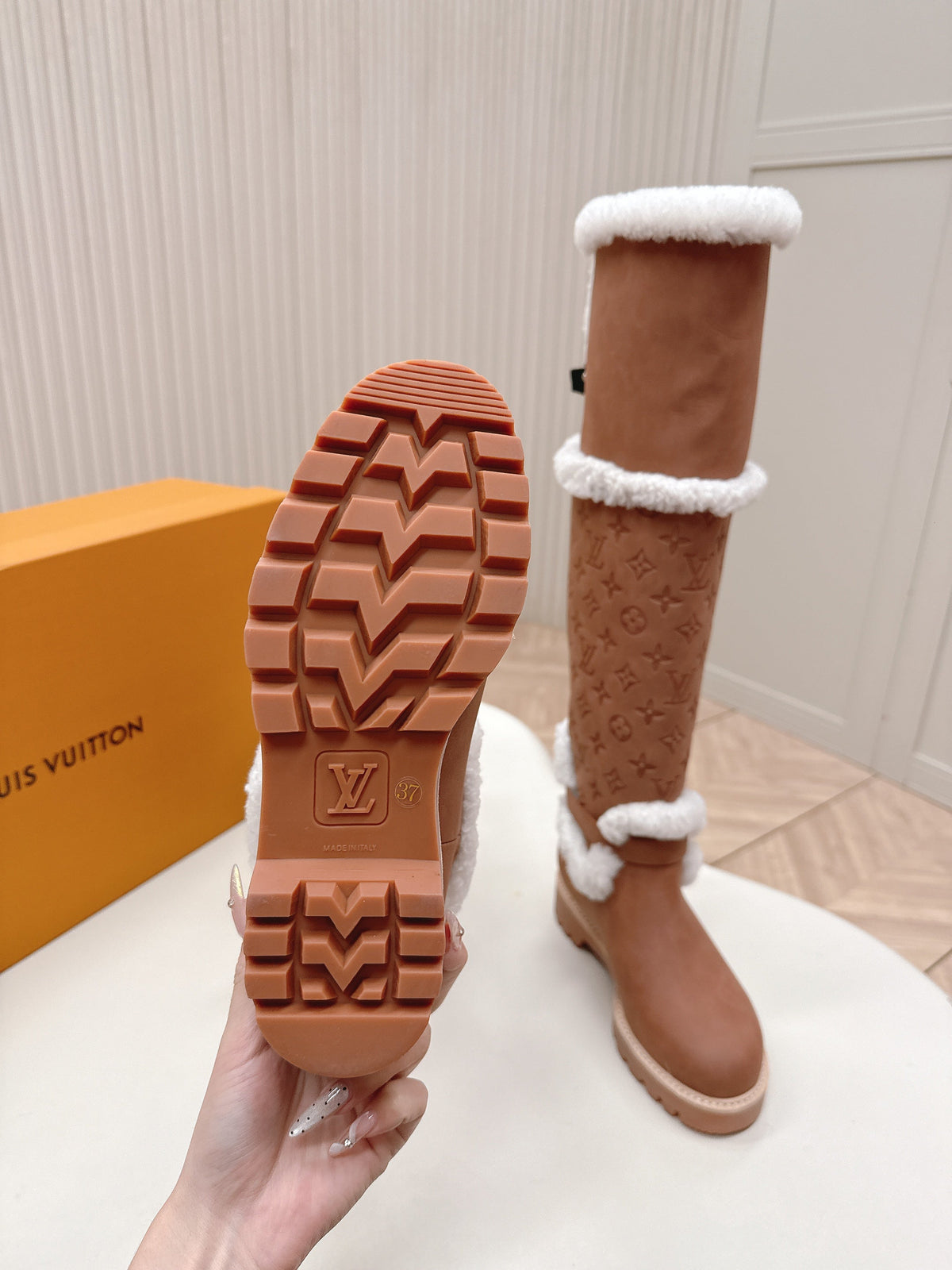 LV 2026 Territory Flat Thigh Boot Brown White Nubuck Calf Leather 595432