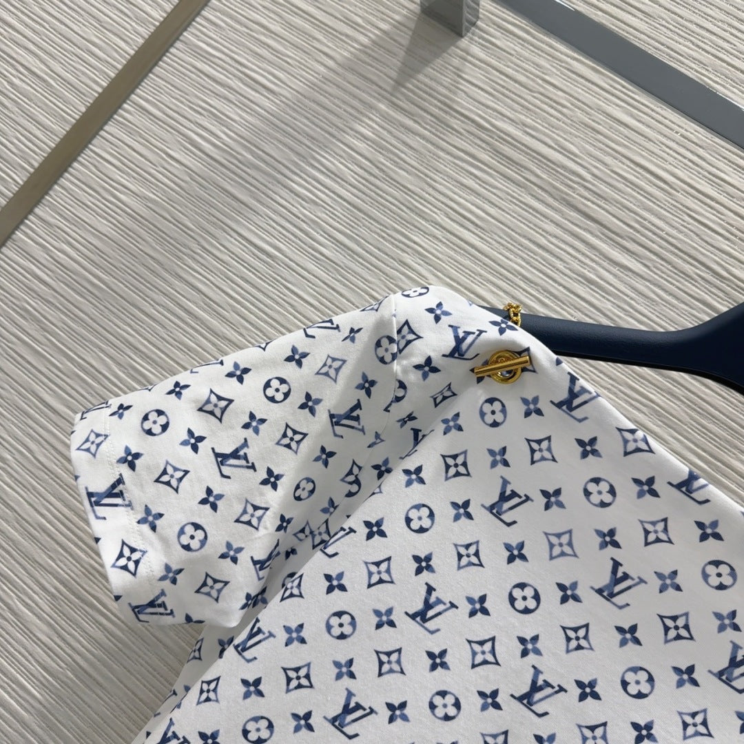 LV 25 Simple T-Shirt White Blue Cotton
