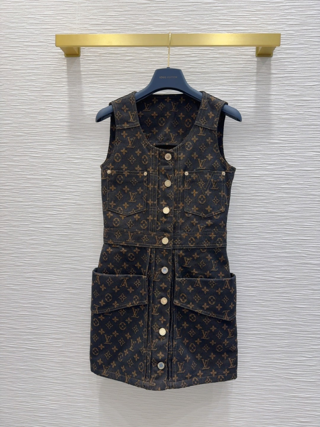 LV 25 Classic Logo Denim Vest Dress Black Cotton