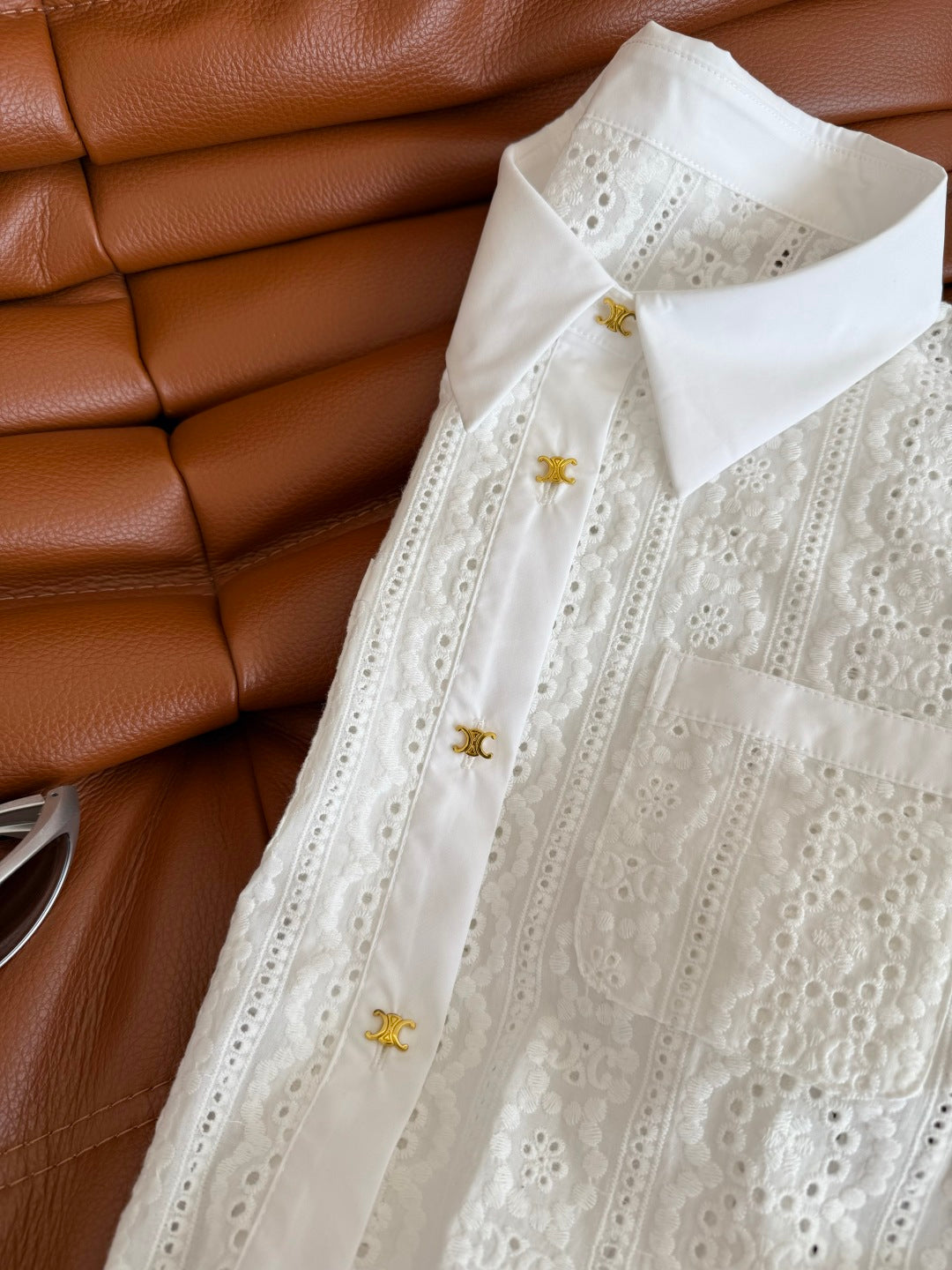 Celine 25 Hollow Wide Shoulder with Gold Metal Button White Cotton