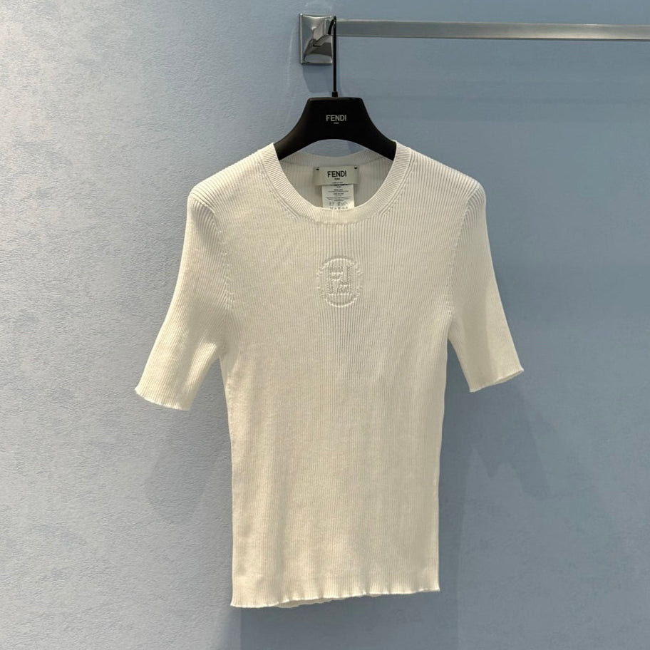Fendi 25 Letter Hollow Knitted Short Sleeves top White Silk Cotton