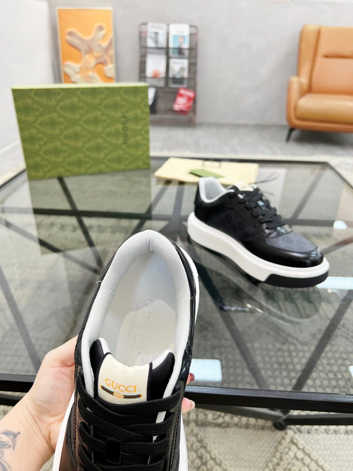 GG Men's Platform Sneaker Black Patent Leather 523472