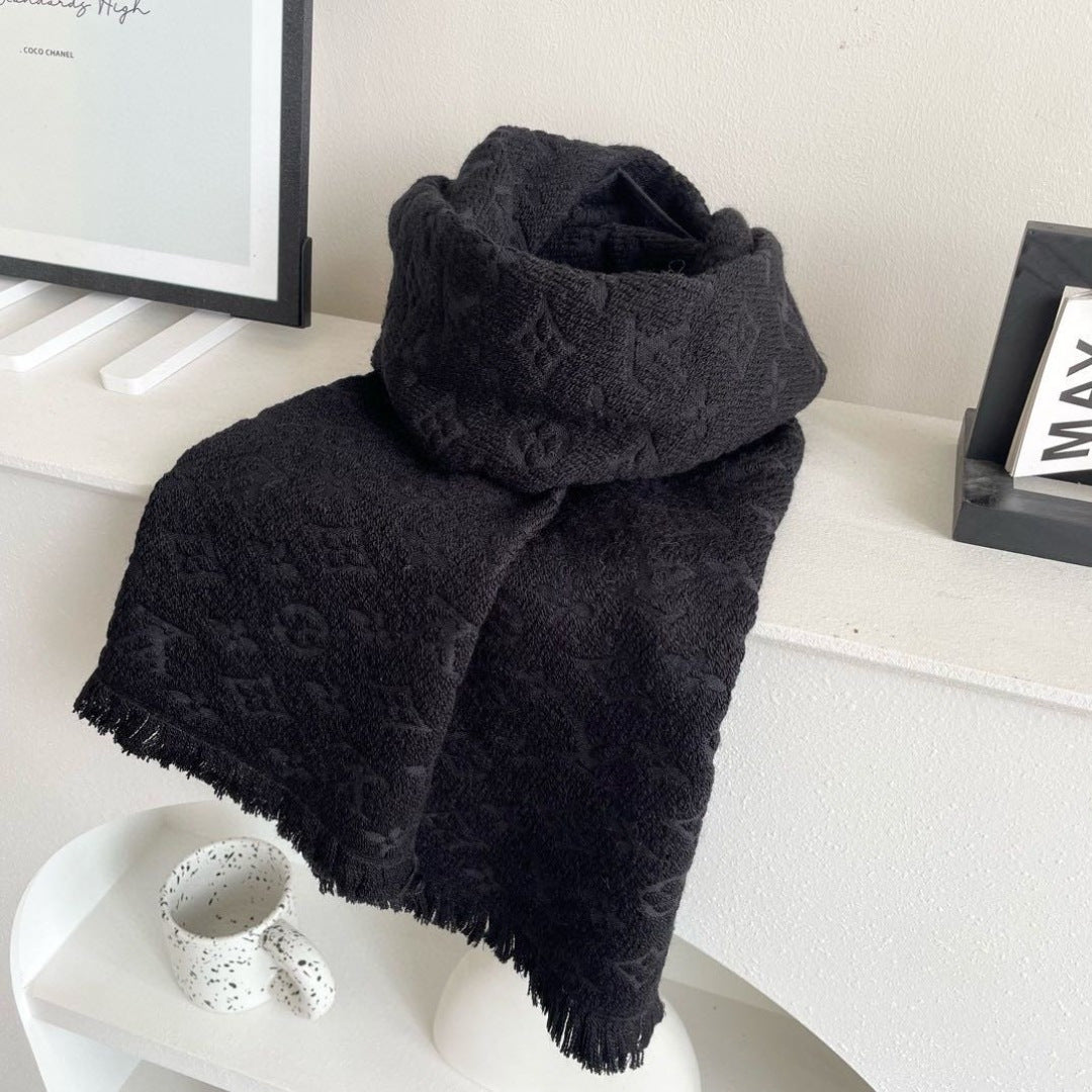 LV Men Scarf 180cm Black Wool 967168